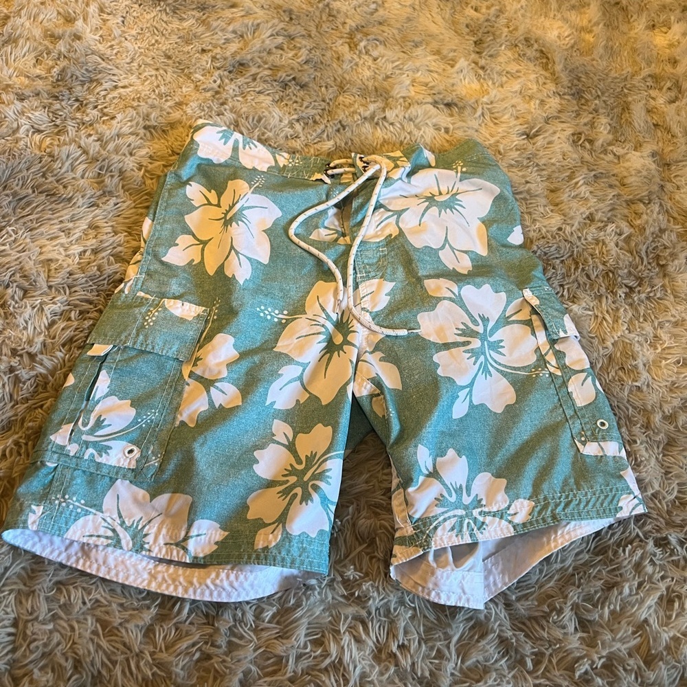 Men’s U.S. Apparel White and Blue Swim Trunks with Adjustable Fit